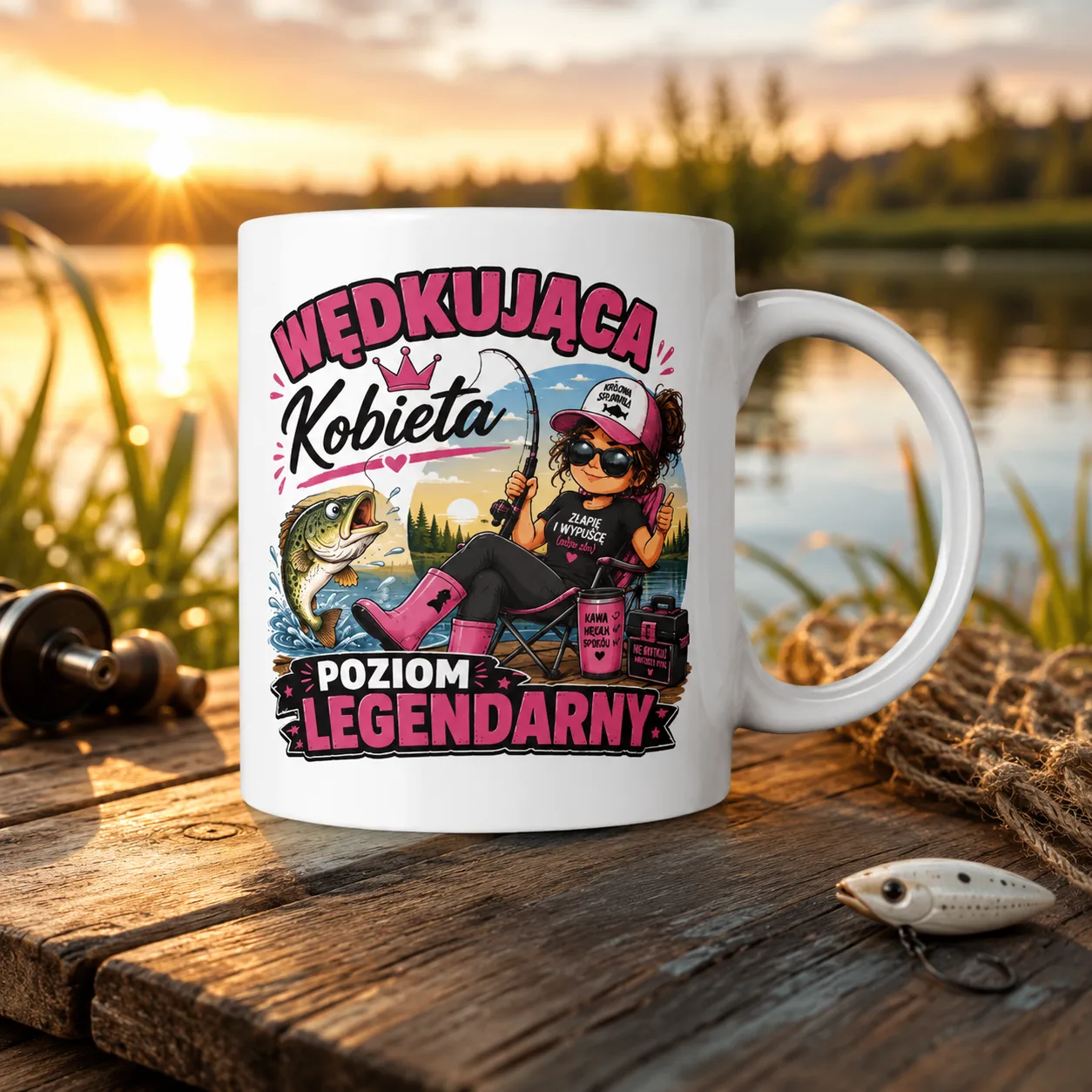 Kubek WĘDKUJĄCA KOBIETA POZIOM LEGENDARNY