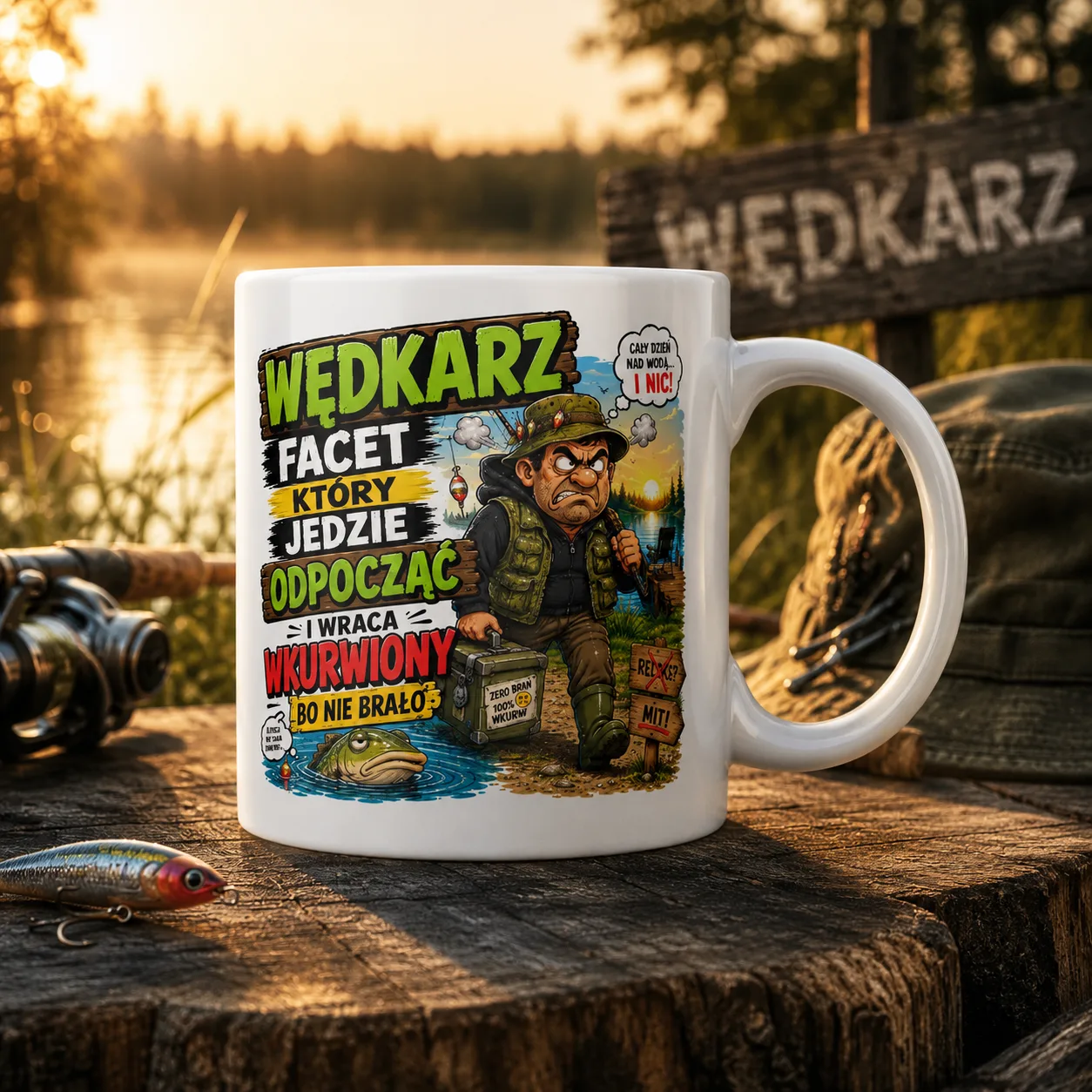 Kubek WĘDKARZ FACET KTÓRY JEDZIE ODPOCZĄĆ I WRACA WKURWIONY BO NIE BRAŁO